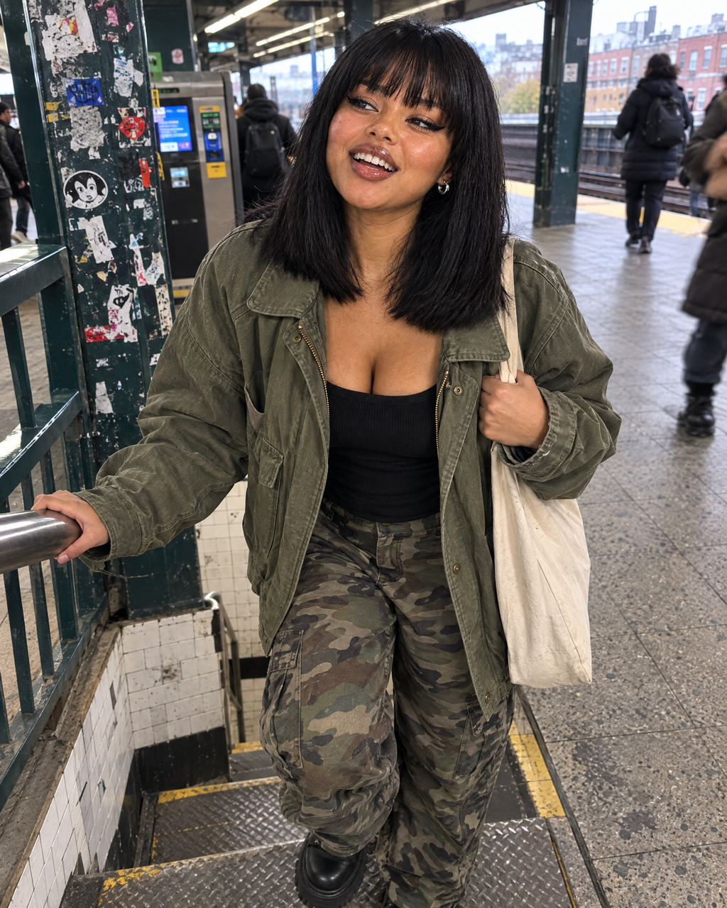 Claudia candid at a Bushwick train station