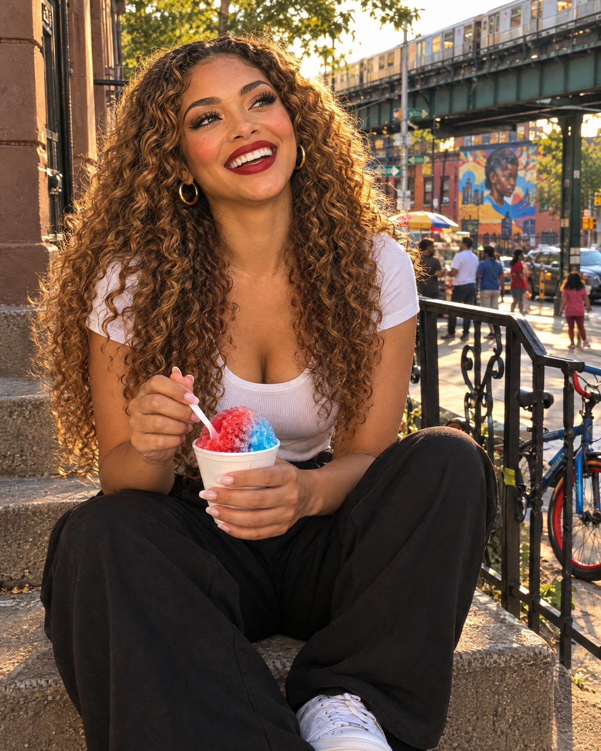 Valentina candid on a Bronx stoop