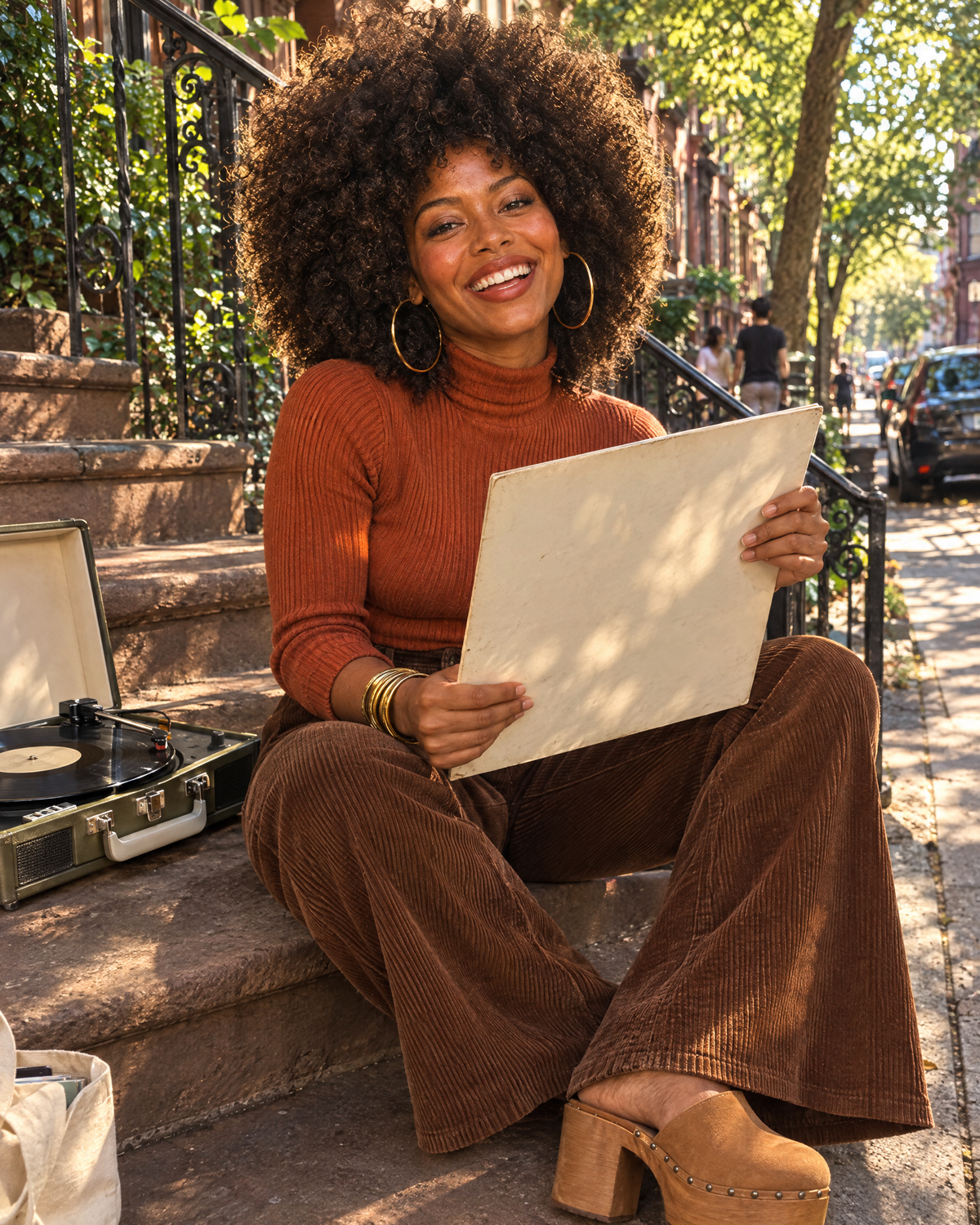 Monroe candid on a Bed-Stuy brownstone stoop